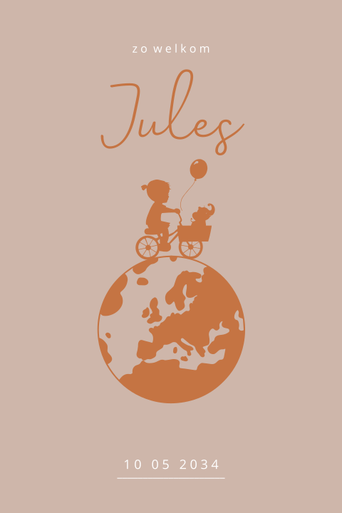 Geboortekaartje meisje wereldbol met fietsje en ballon