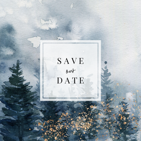 Save the date wood winter bomen waterverf blauw