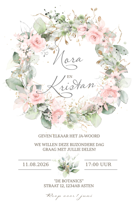 Trouwkaart met roze bloemenkrans