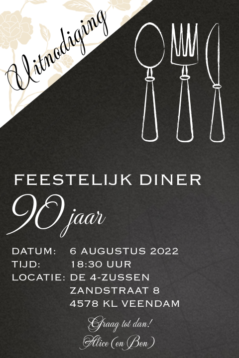 Uitnodigingskaart diner etentje 90 jaar verjaardag