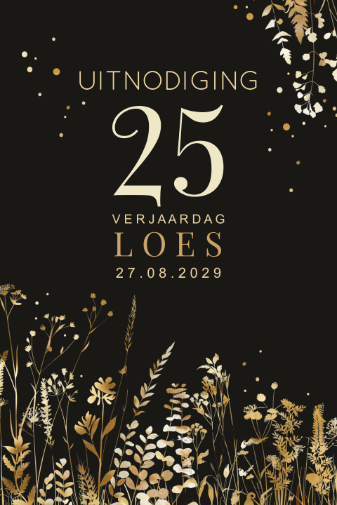 Uitnodiging 25ste verjaardag feestelijk met goudlook takjes
