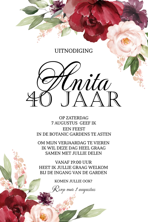 Uitnodiging voor 40e verjaardag vrouw met rode bloemen