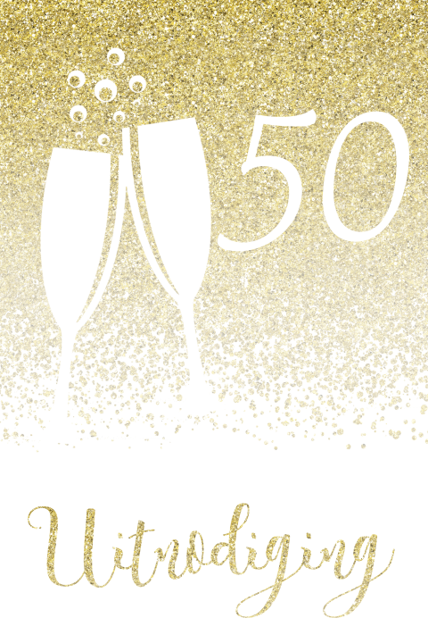 Jubileum uitnodiging 50 jaar met gouden glitters met champagne glazen
