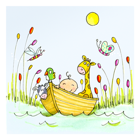 Baby kaartje met baby in bootje met giraffe en andere diertjes