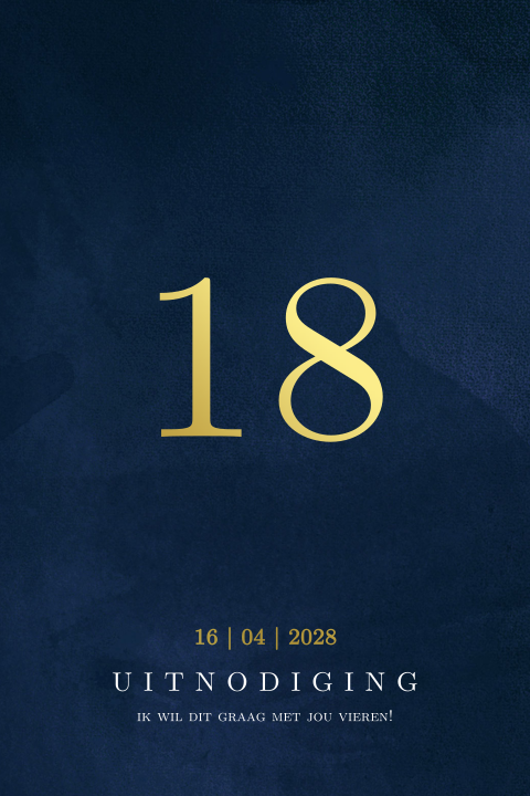 Moderne verjaardagsuitnodiging 18 jaar blauw met goudfolie