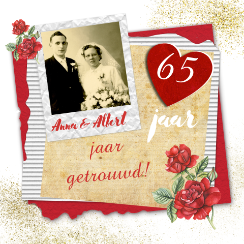 Huwelijksjubileum 65 jaar getrouwd uitnodiging rode roos