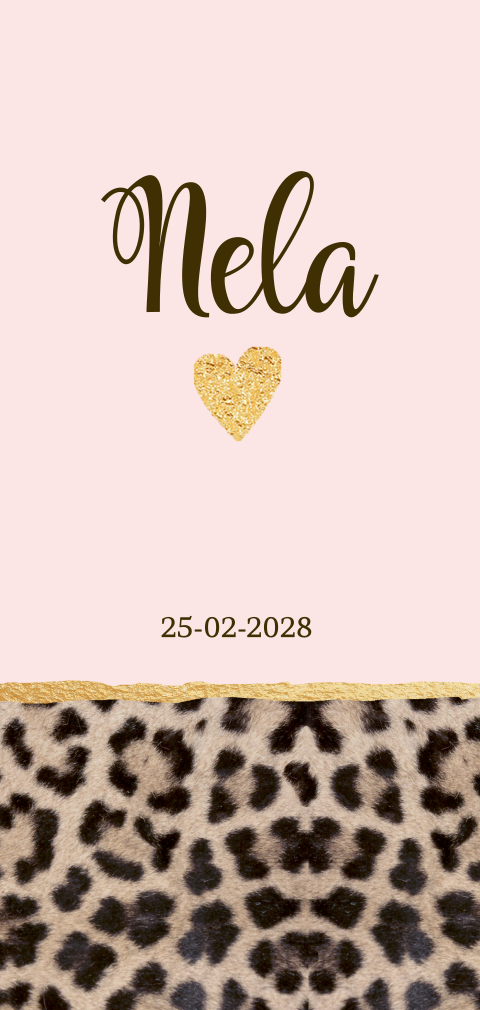 Geboortekaartje langwerpig panterprint hartje roze