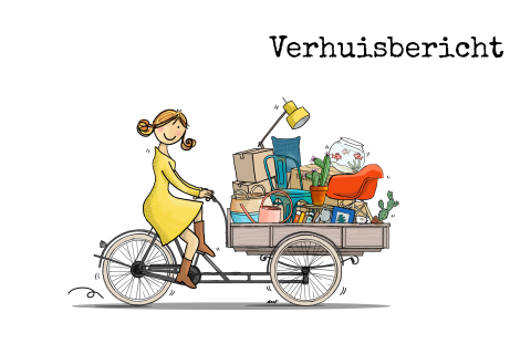 Vrolijke getekende verhuiskaart met bakfiets vrouw