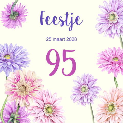 Vrolijke uitnodiging 95 jaar met lila bloemen