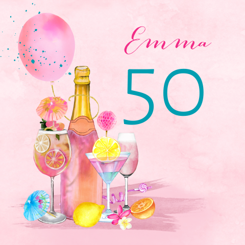 Uitnodiging 50e verjaardag vrouw met champagne en ballon