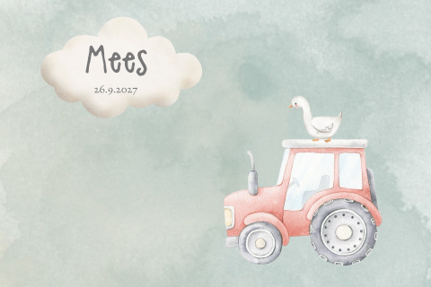 Lief geboortekaartje jongen met tractor koe en gansje