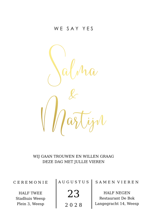 Minimalistische witte trouwkaart met goudfolie