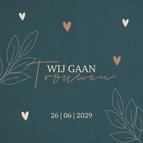 Trouwkaart donker groen met hartjes en takjes