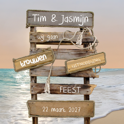 Trouwkaart houten pallet met ondergaande zon