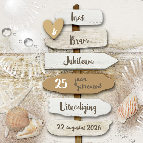 Uitnodiging jubileum 25 jaar getrouwd houten bordjes strand