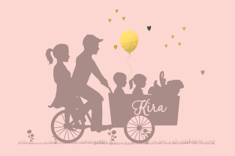 3e kindje geboortekaartje ouders met bakfiets 