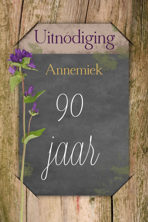 Uitnodiging 90 jaar verjaardagsfeest bord en bloem