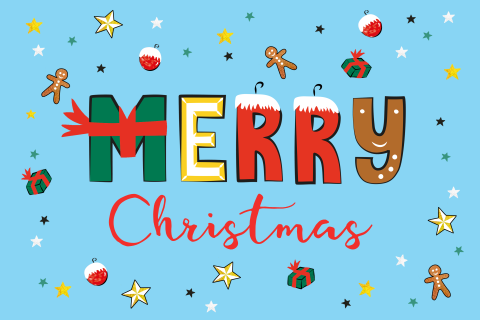 Kerstkaart met vrolijke letters Merry Christmas