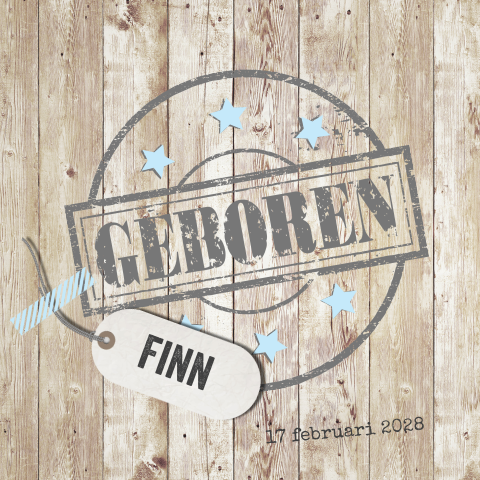 Stoere geboortekaart jongen met hout sterren en label