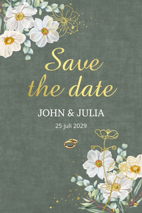 Save the date uitnodiging groen met witte anemoon bloemen