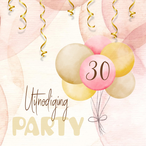 Uitnodiging 30e verjaardag party vrouw met roze ballonnen en confetti