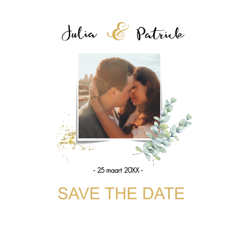 Save the Date kaart wit met eucalyptus