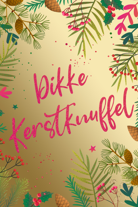 Kerstkaart dikke kerstknuffel dennenappels en takjes staand