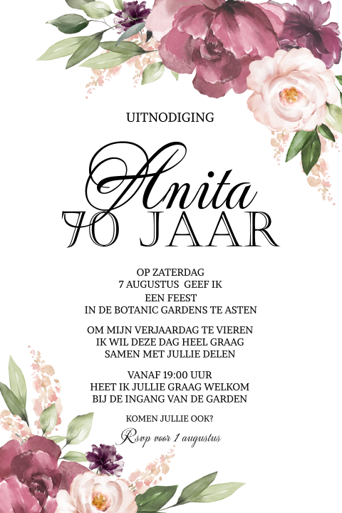 Uitnodiging voor 70e verjaardag vrouw met roze en paarse bloemen