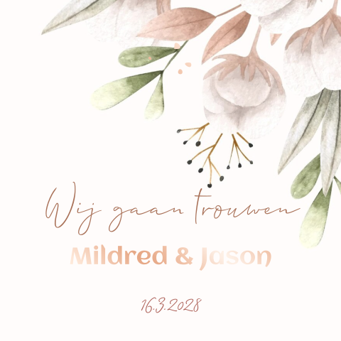 Trouwkaart met bloemen in pastel kleuren