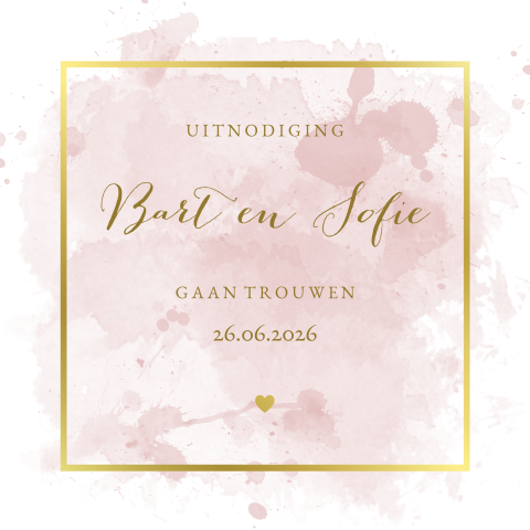 Trouwkaart waterverf roze goudfolie