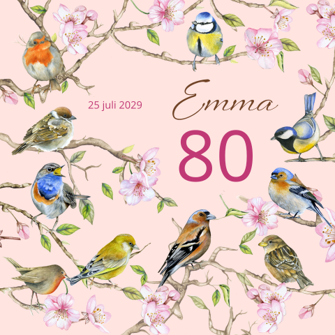 Verjaardagsuitnodiging 80 jaar vrouw met vogels op takken