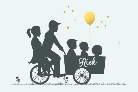 Geboortekaartje 3e kindje ouders met bakfiets en drie jongetjes