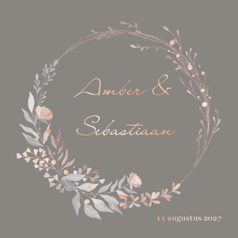 Trouwkaart romantische botanische stijl met bloemen krans