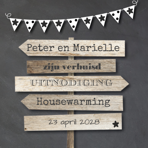 Hippe verhuiskaart schoolbord slinger wegwijzer hout