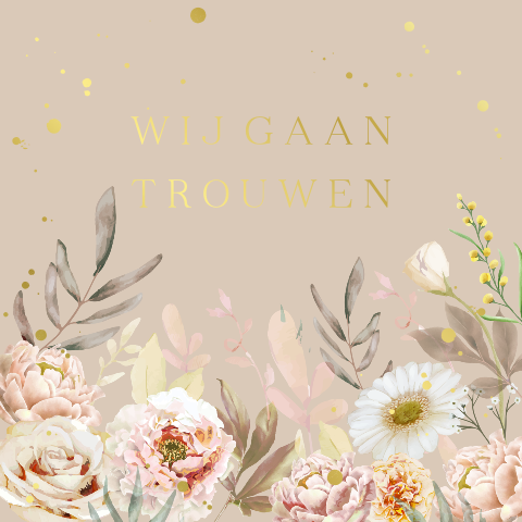 Trouwkaart met bloemen goudfolie