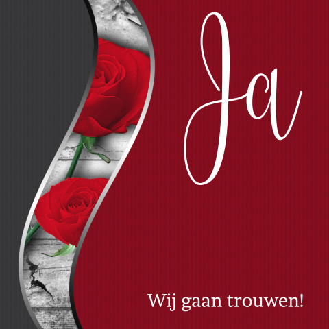 Trouwkaart rood met roos retro vintage look