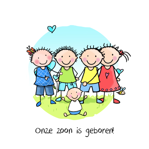 Geboortekaartje getekend met baby kindjes voor 5e kindje
