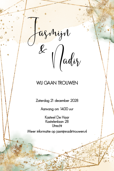 Trouwkaart geometrisch met pastel groen en goud