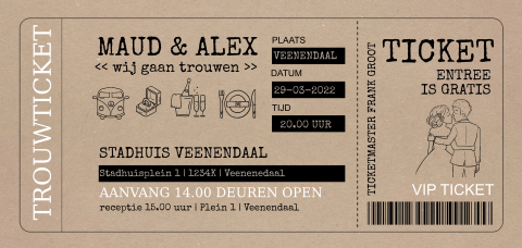 Trouwkaart ticket lang wit met illustraties kraftlook