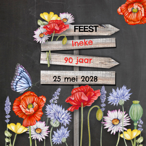 Uitnodiging verjaardag feest 90 jaar wegwijzer klaprozen