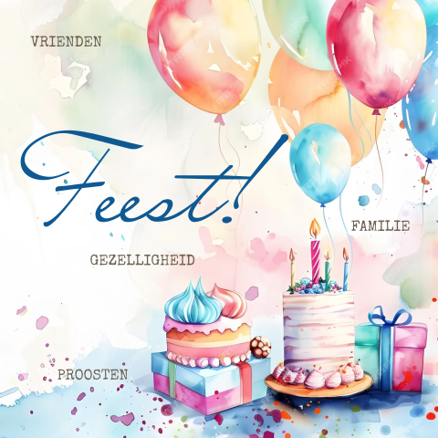 Uitnodiging voor een verjaardag of feest met ballonnen en taart in waterverf