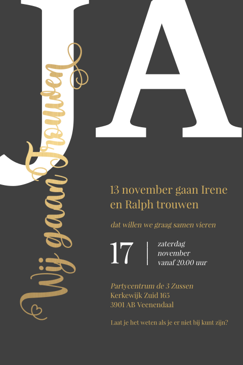 Typografie trouwkaart enkelzijdig ontwerp