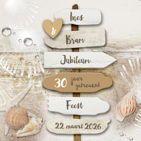 Uitnodiging jubileum 30 jaar getrouwd houten bordjes strand