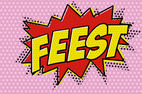 Vrolijke roze uitnodiging feest rood met geel