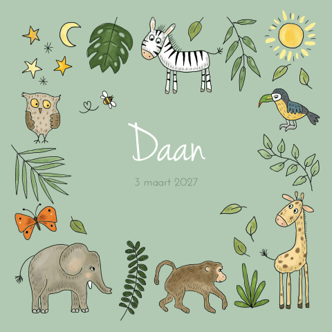 Geboortekaartje jongen jungle dieren groen