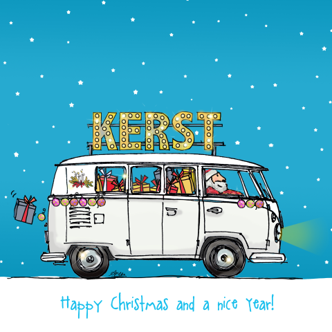 Getekende kerstkaart van hippe bus met priklampen