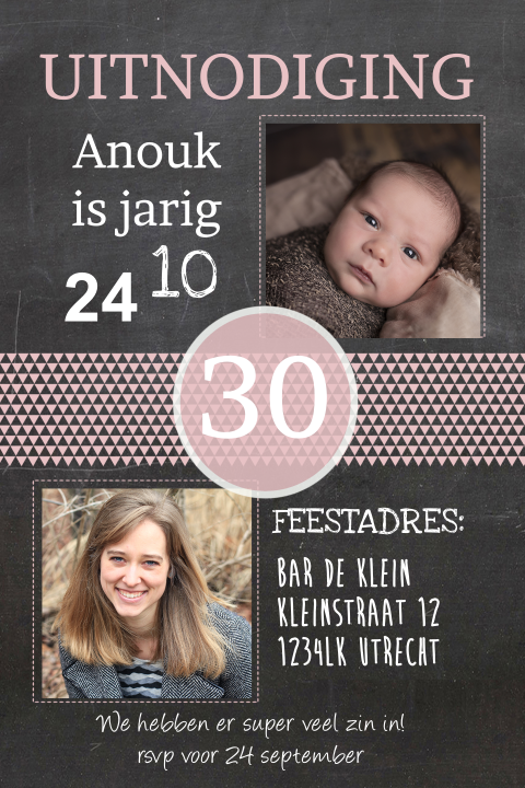 Uitnodiging 30 jaar krijtbord strak met aanpasbare tekst