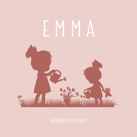 Lente thema geboortekaartjes 2 zussen met gieter