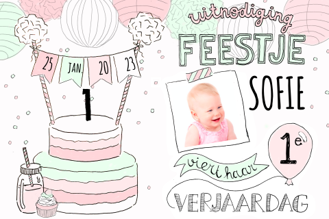 Kinderfeestje uitnodiging taart roze mint foto