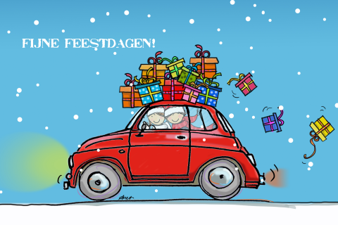 Witte getekende kerstkaart met auto fiat 500